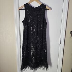 NEW Sleeveless Black Feather Sequin Mini Dress 10 Showgirl Flapper LBD Sparkle
